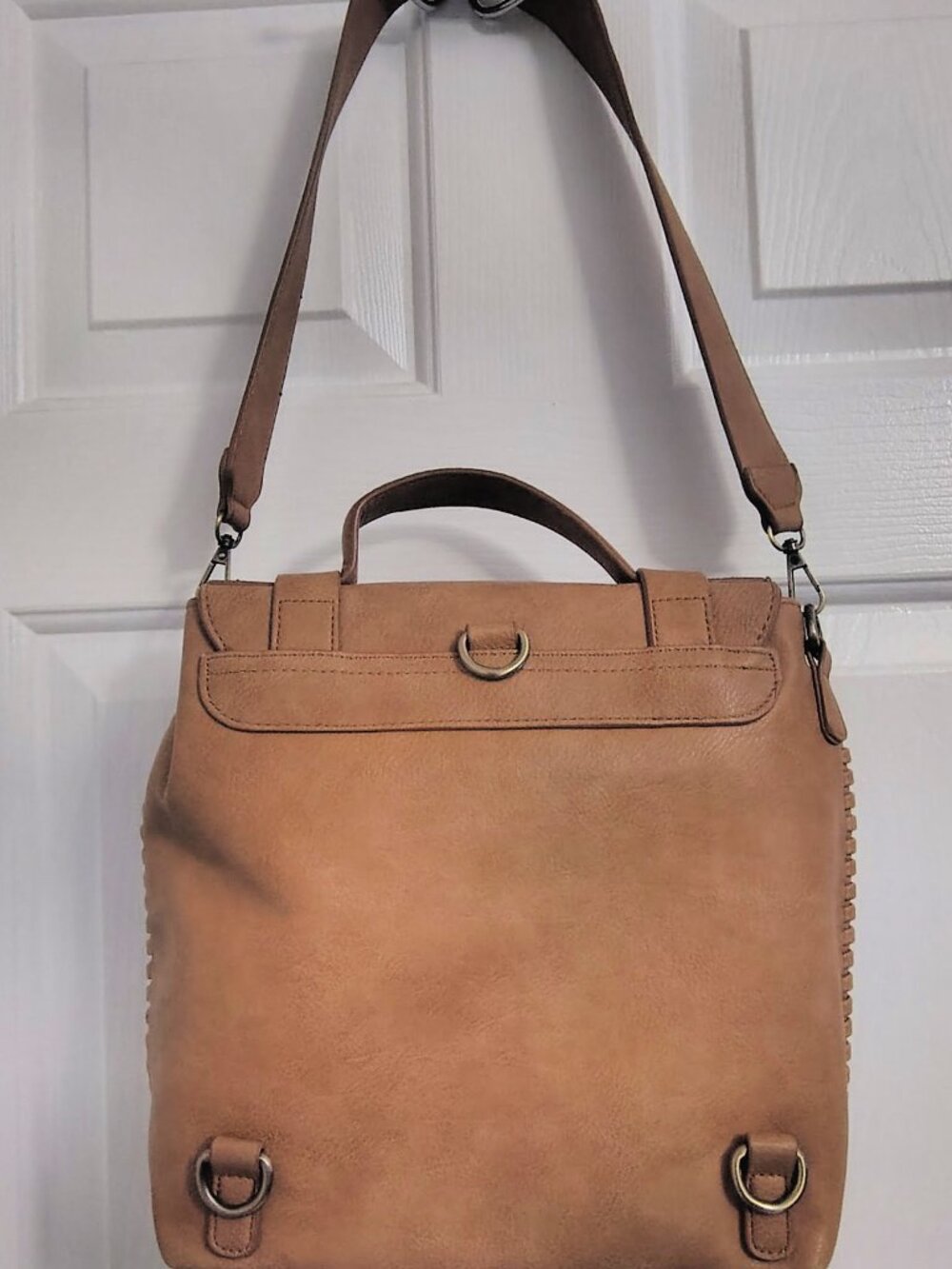Antik Kraft Tan Satchel Crossbody Bag Whipstitch Convertible Tote